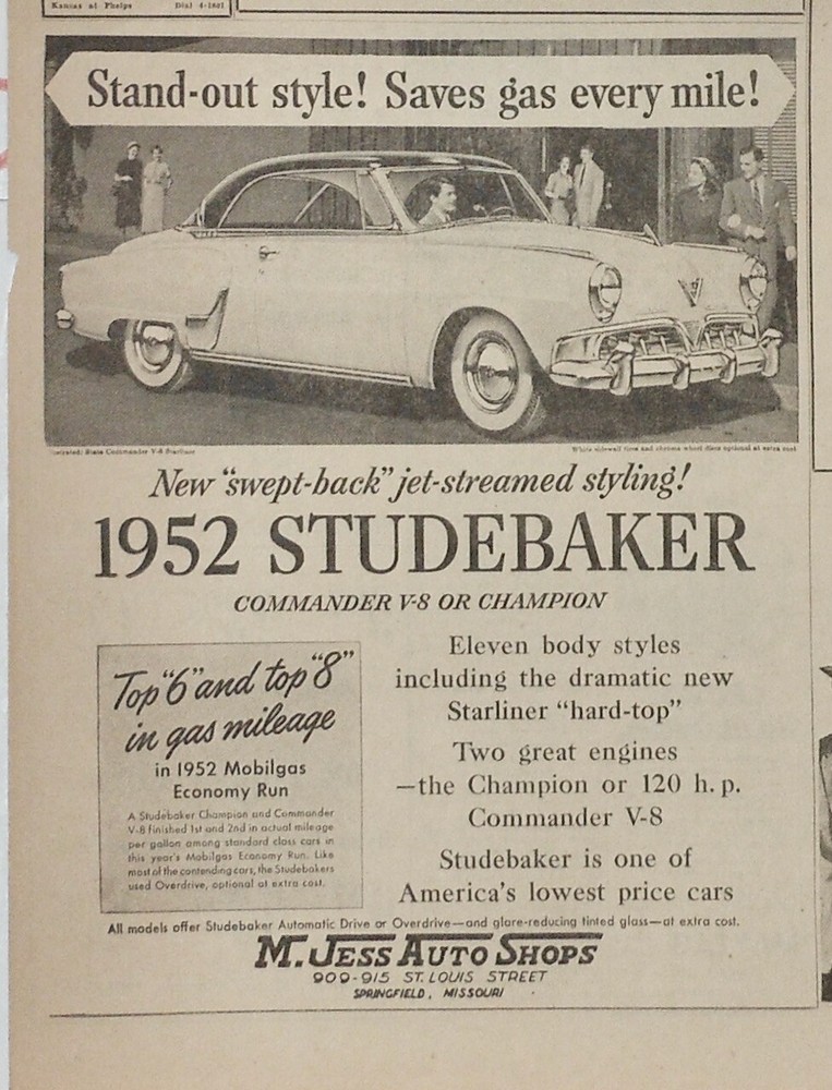 1952 newspaper ad for Studebaker - State Commander Starliner, Stand-Out Style!