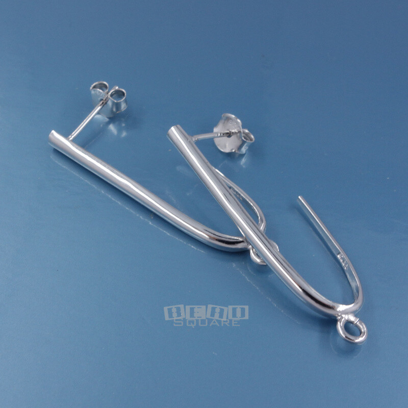 2 Sterling Silver Long J Stud Post Earrings w/Clutches, Open Loop 34mm #33575