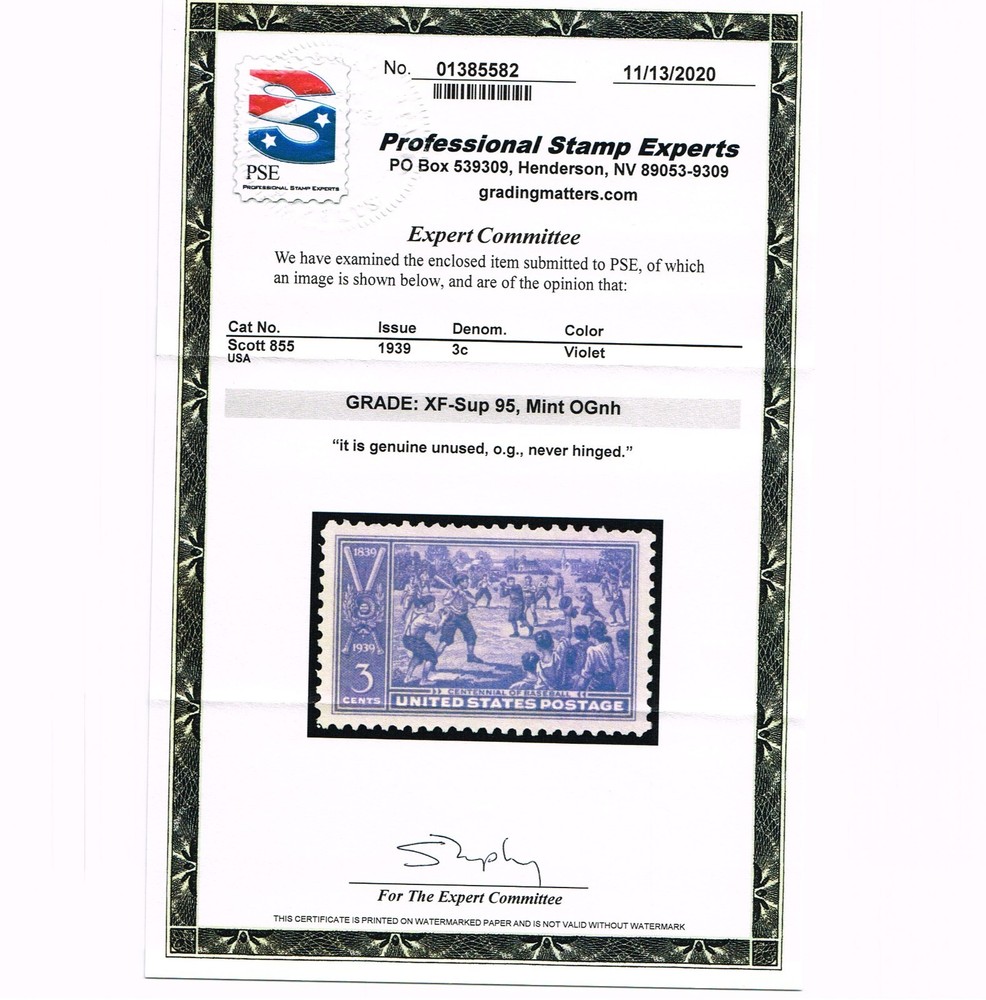 EXCEPTIONAL GENUINE SCOTT #855 MINT PRISTINE OG NH PSE CERT GRADED XF-SUPERB 95