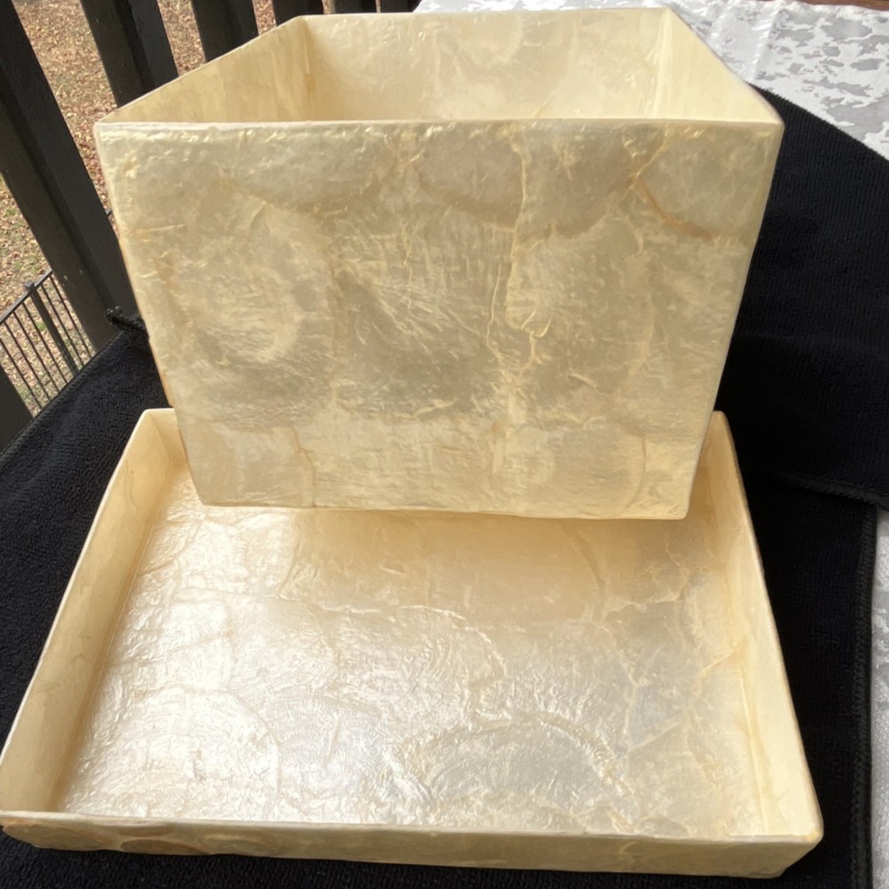 Ivory and Gold Shell Rectangular Decorative Box with Lid, Polka Dot Pattern