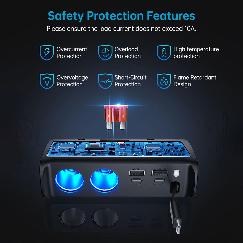 Cigarette Lighter Adapter Socket USB QC3.0 + PD3.0 2 Socket Outlet Splitter