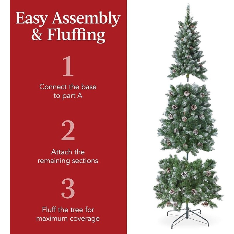 Prelit Flocked Christmas Tree Slim Profile Space Saving Pinecones Winter Decor