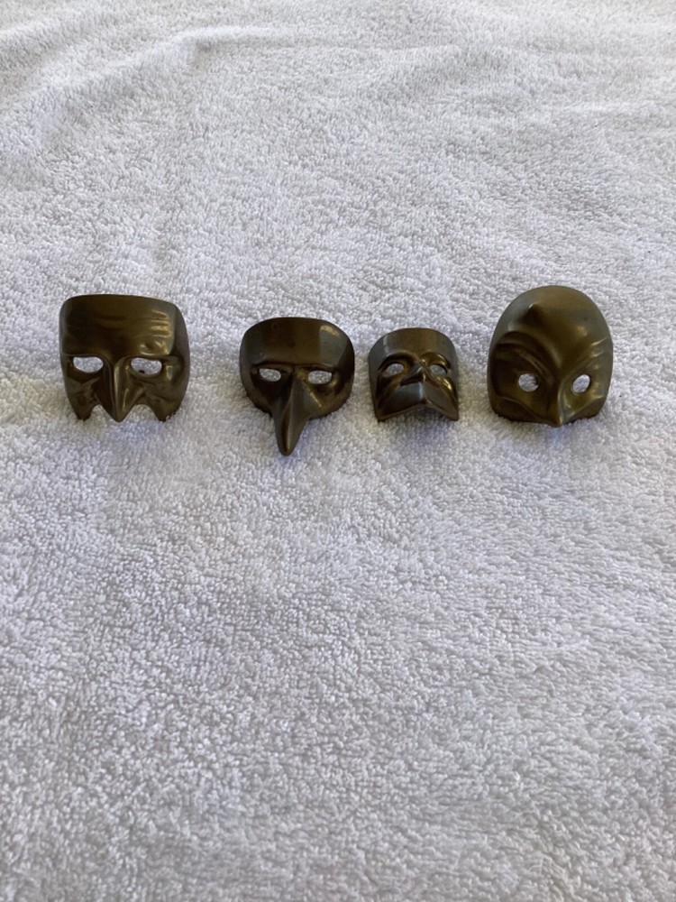 4 VINTAGE SOLID BRASS MINI Medieval  MASK 2in TALL.