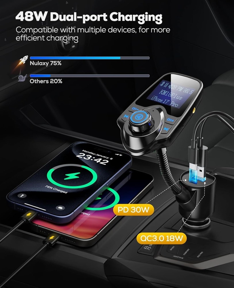 Upgraded 48W Bluetooth Car Adapter for Multi-Device Charging