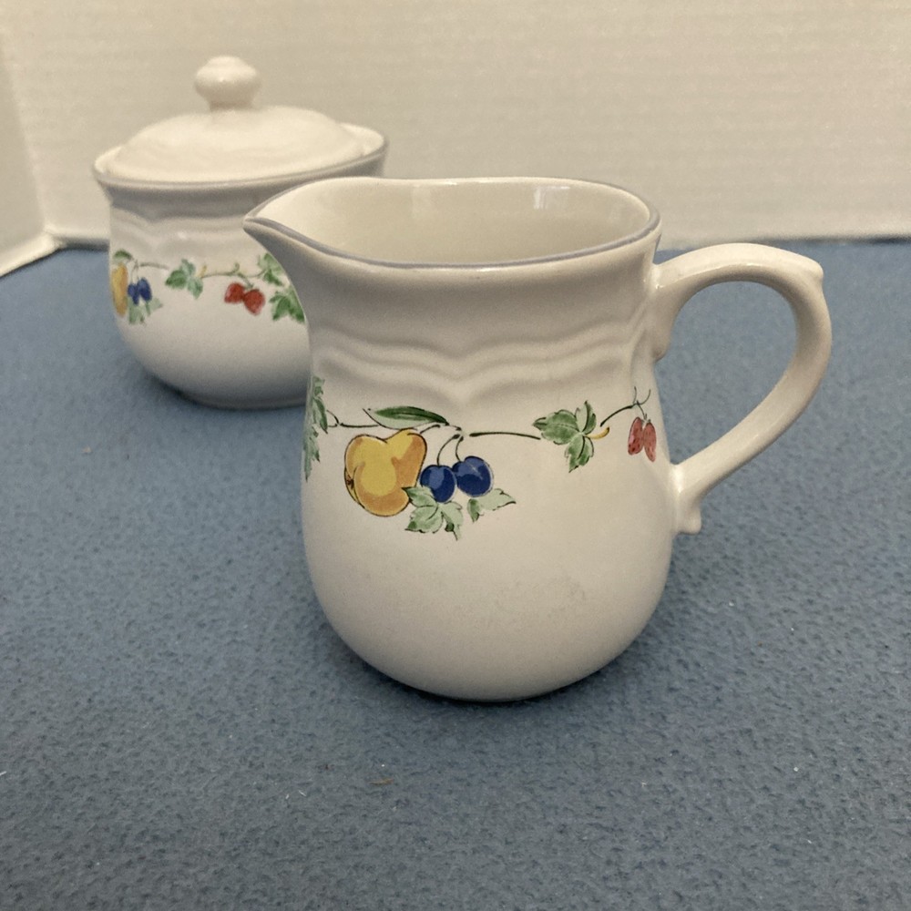 VTG AMG Nanci Genuine Stoneware Multicolor Fruit Patterned Cream & Sugar Set
