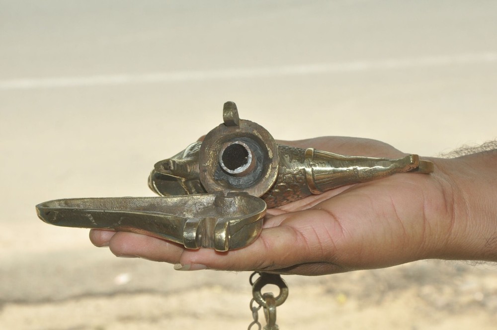 Vintage Brass Fish Shape Engraved Handcrafted Solid Hanging Oil Lamp