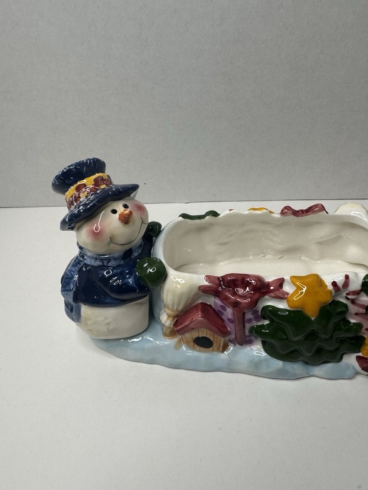 Earthenware Hand-Painted Ceramic Christmas Snowman Cracker Dish 10" Long