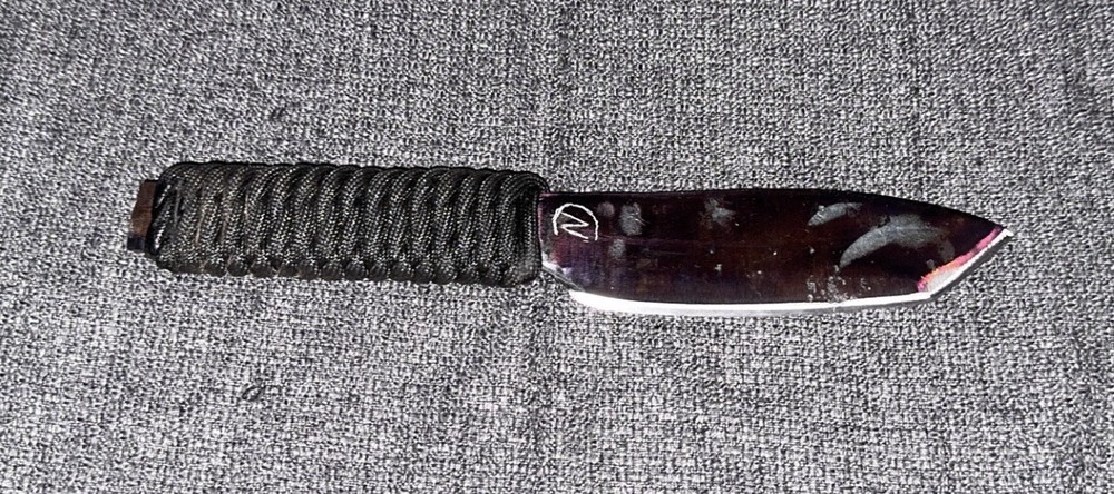 Fixed Blade Knife, Drop Point Tip, Black Paracord Wrapped Handle