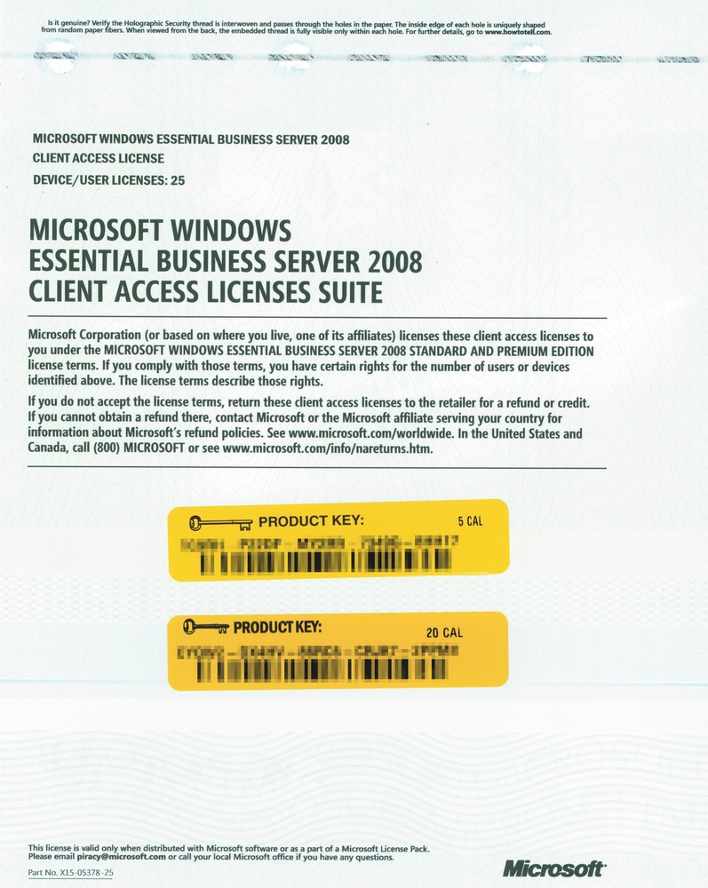 Microsoft Windows Essential Business Server 2008 25 User Device CAL No media