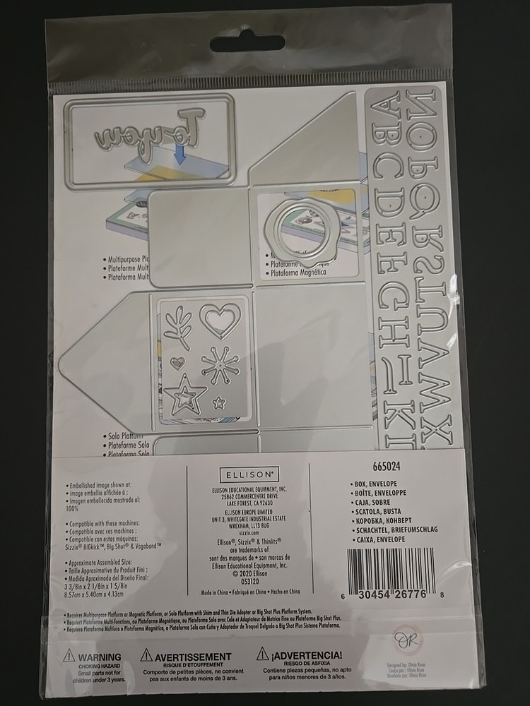 Sizzix Thinlits Box, Envelope - Olivia Rose,10 Die Set, Alphabet Too,NIP, 665024
