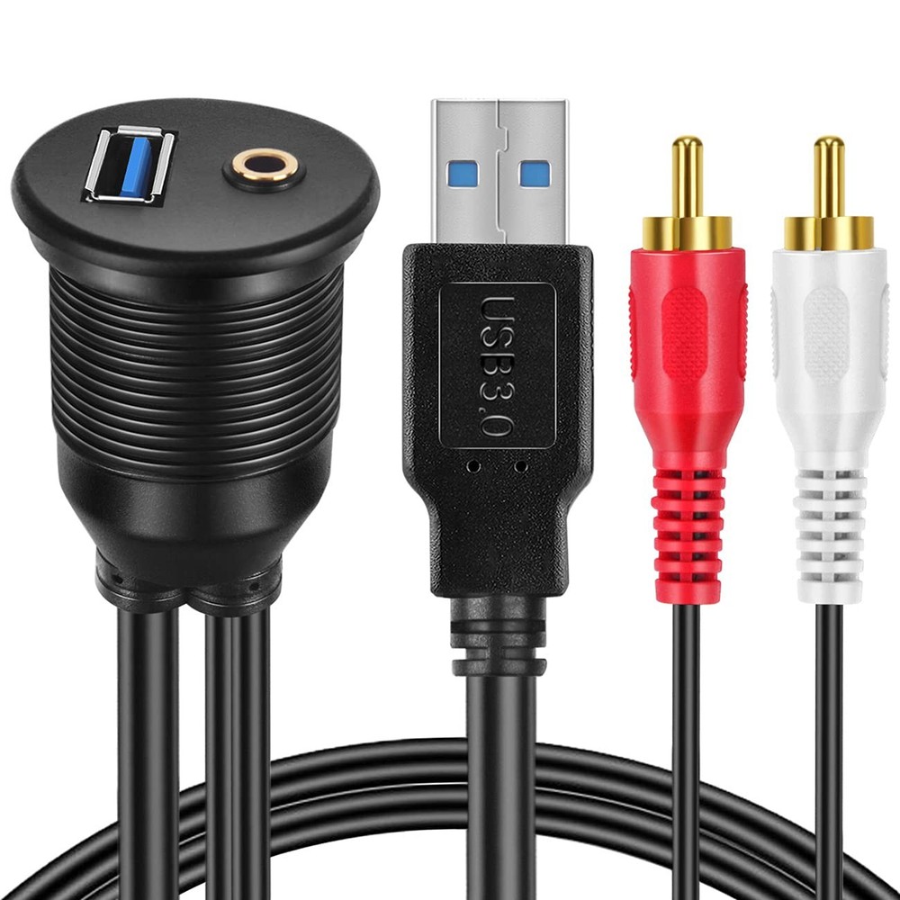 Flush Mount USB RCA AUX Extension Cable Dashboard Panel Port