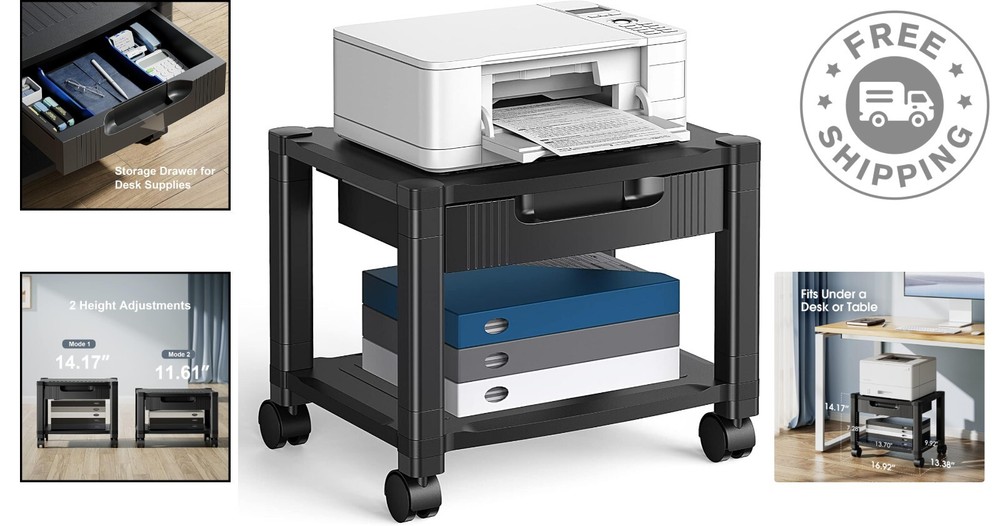 Versatile Printer Table with 2-Tier Storage & Easy Mobility on Locking Wheels