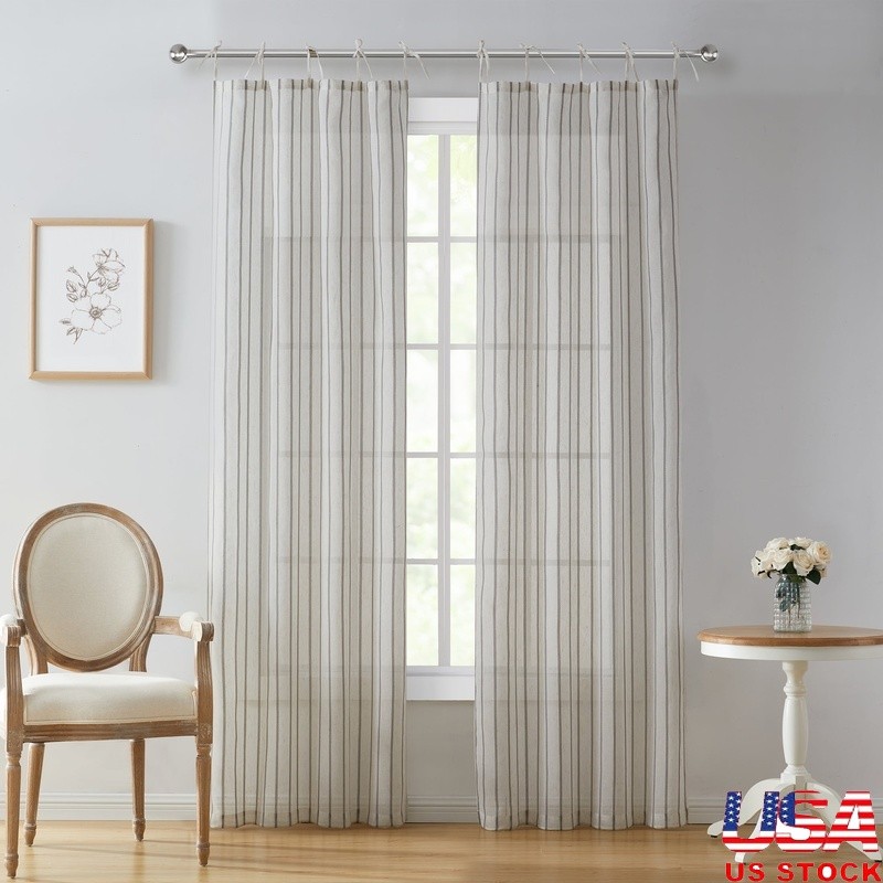 Light Filtering Tie Top Curtain Panel Pair Semi Sheer Striped Drapes Home Decor