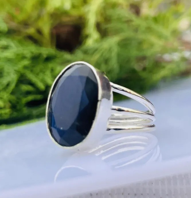 Solid 925 Sterling Silver Natural Blue Sapphire Oval Gemstone Band Handmade Ring