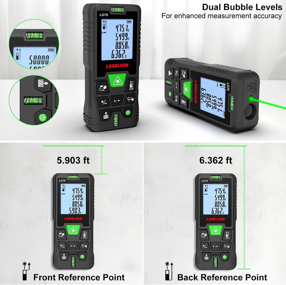 Multi-Function Green Laser Measuring Tool - Area and Volume Measurement, 229ft