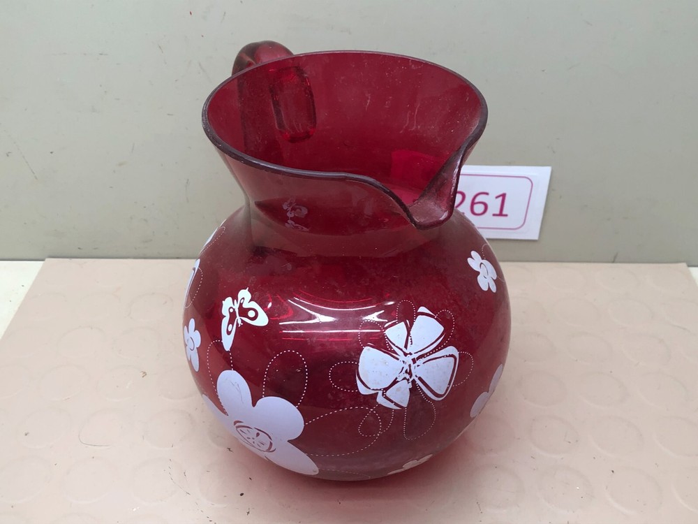 Vintage Red Clear Plastic Pitcher Retro Flower