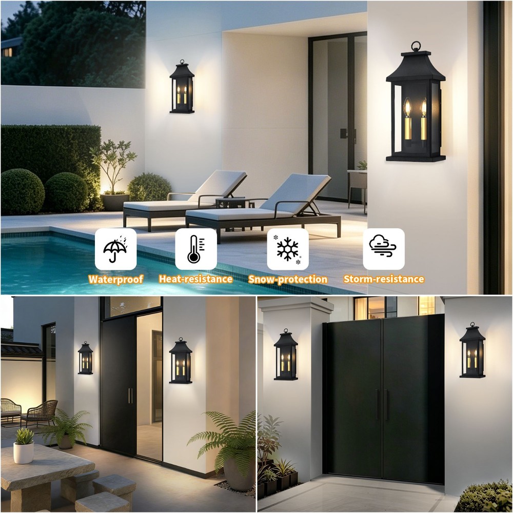 1-Pack 17.5 in. 2-Light Black Outdoor Wall Lanterns