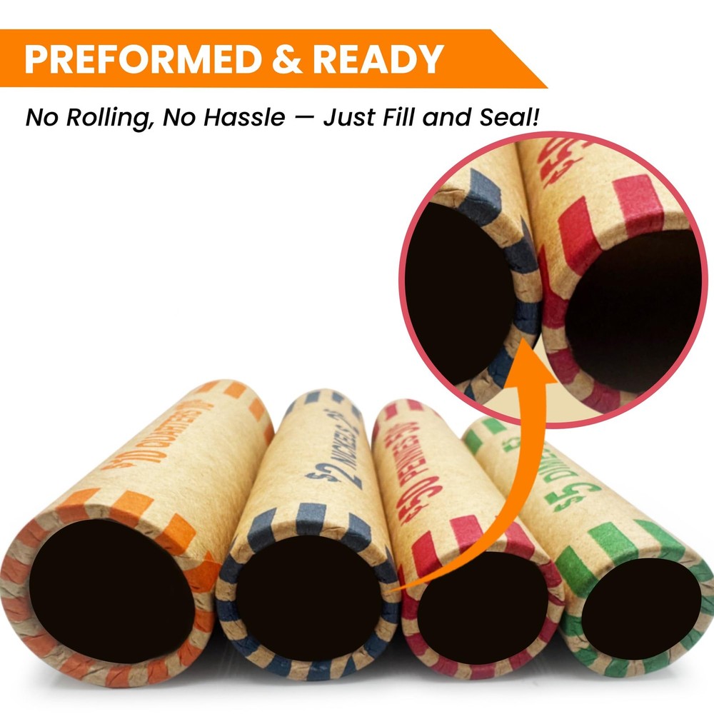 64 Pcs Preformed Coin Wrappers Rolls — Assorted Heavy Duty Rolls Wrappers