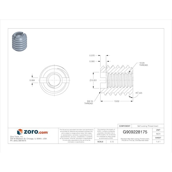 Standard Wall Self Locking Thread Insert, No. 10-24 Int Thrd Sz, 316 Stainless