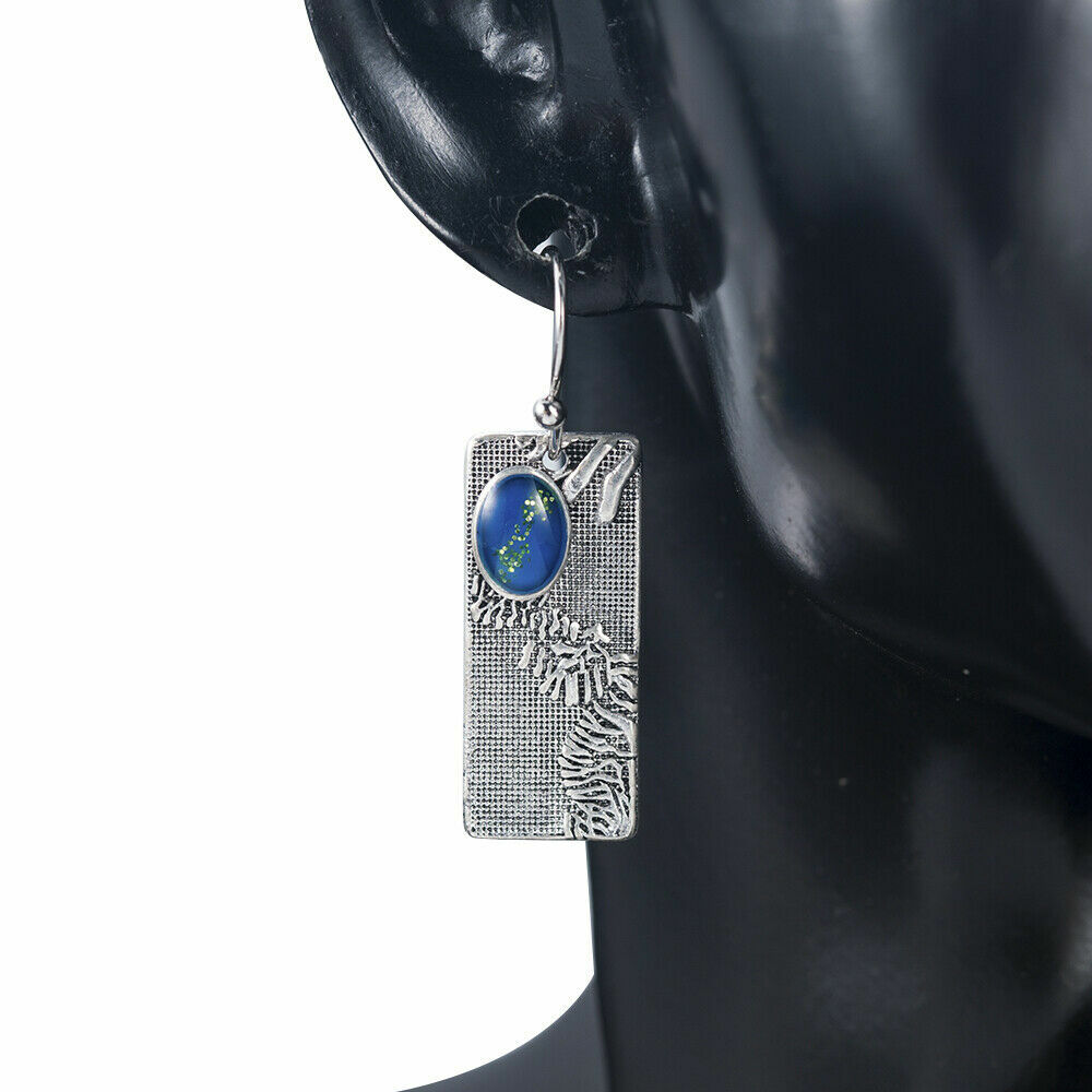 Unique New Silver Plated Blue Asymmetric Rectangle Hook Dangle Drop Earrings