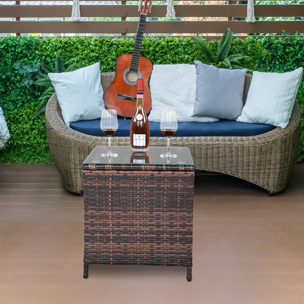 Glass Surface Brown Gradient Iron Frame Rattan Side Table,free ship