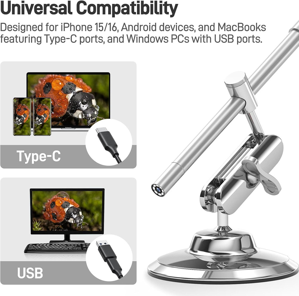USB-C Digital Microscope, 10X-200X Magnification, Portable with LED Lights
