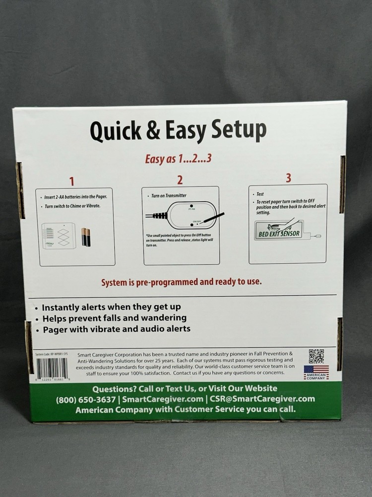 Smart Caregiver Wireless Bed Exit Pad Alarm System Weight Sensor & Pager OPEN