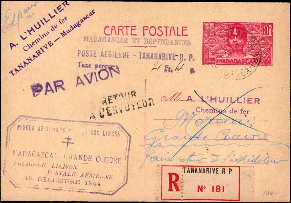 Madagascar 1944 First Airmail Grande Comore Registered Card