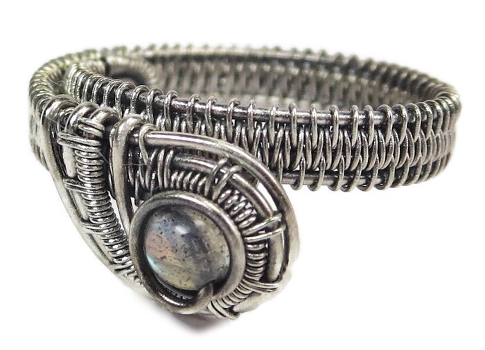 Labradorite Adjustable Ring, Woven in Sterling Silver Wire