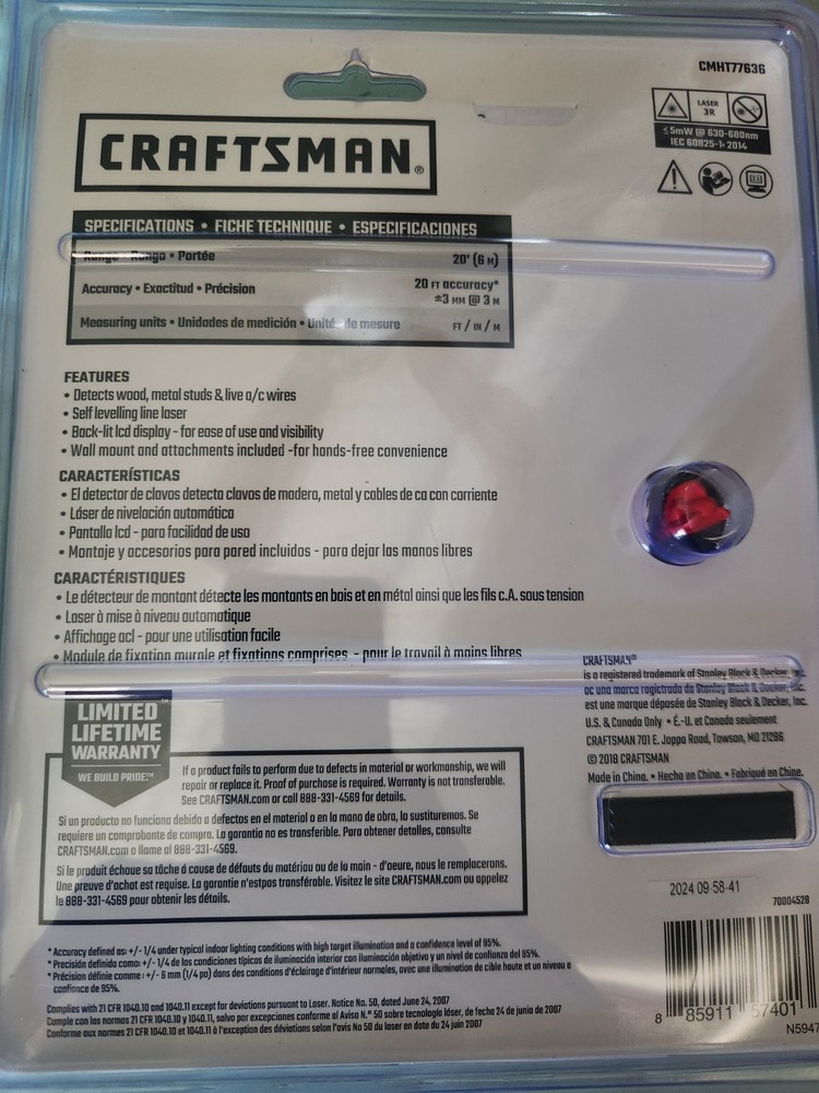 CRAFTSMAN CMHT77636 20' Self-Leveling Wall Laser & Center Finding Stud Finder