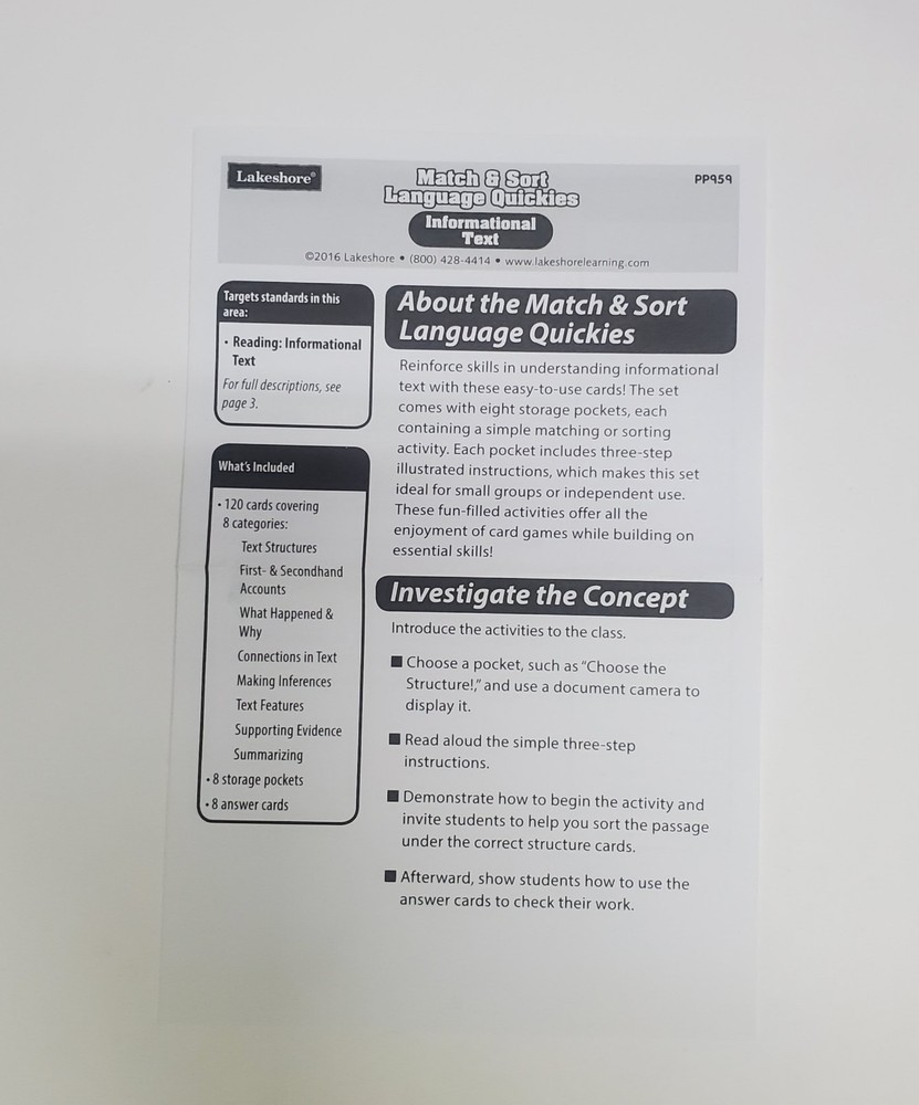 Lakeshore Match & Sort Language Quickies Informational Text Grades 4-5