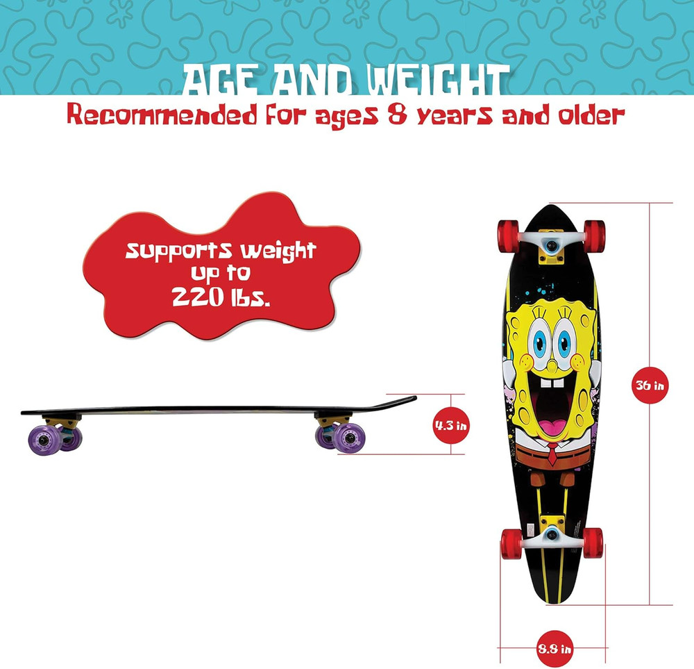 Spongebob 36" Longboard Skateboard – Durable Maple Deck, Smooth PU Wheels, Great