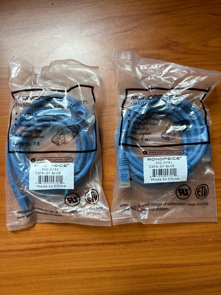 New Monoprice Cat6-07-Blue PID 2115 Patch Cord Cable 2-Pack