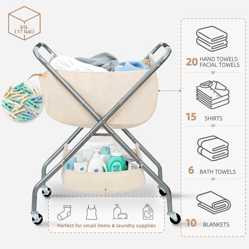 Collapsible Laundry Cart with Wheels 31.5"H Rolling Laundry Hamper Beige
