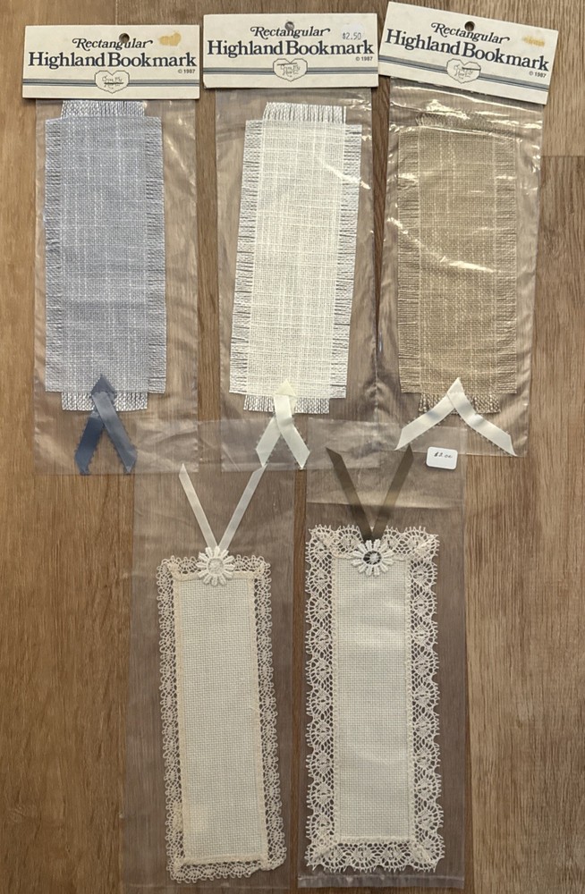 Rectangular Highland Bookmark Cross Stitch  W/ Ribbon Blue, Cream, Brown