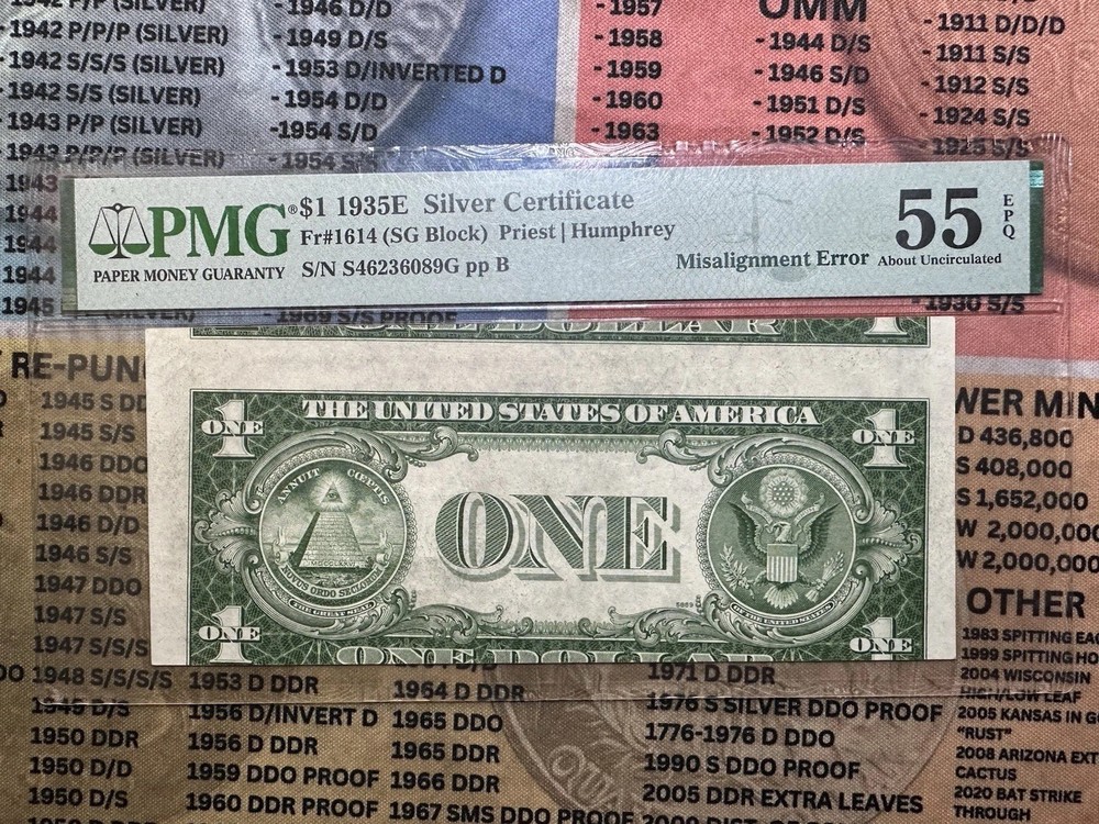 1935-E $1 Silver Certificate PMG 55 EPQ MAJOR MISALIGNED ERROR Note