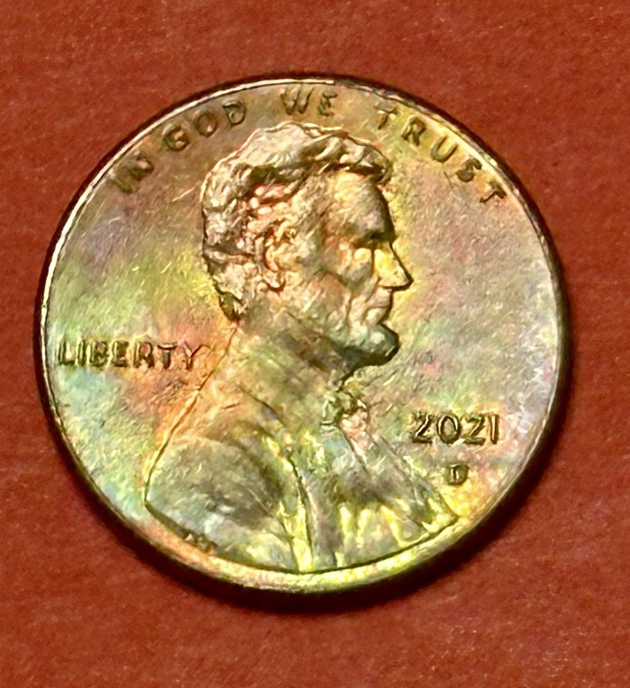 2021-D LINCOLN SHIELD 🛡️ CENT NICE RAINBOW COLORS AV-CIRCUL.#B4