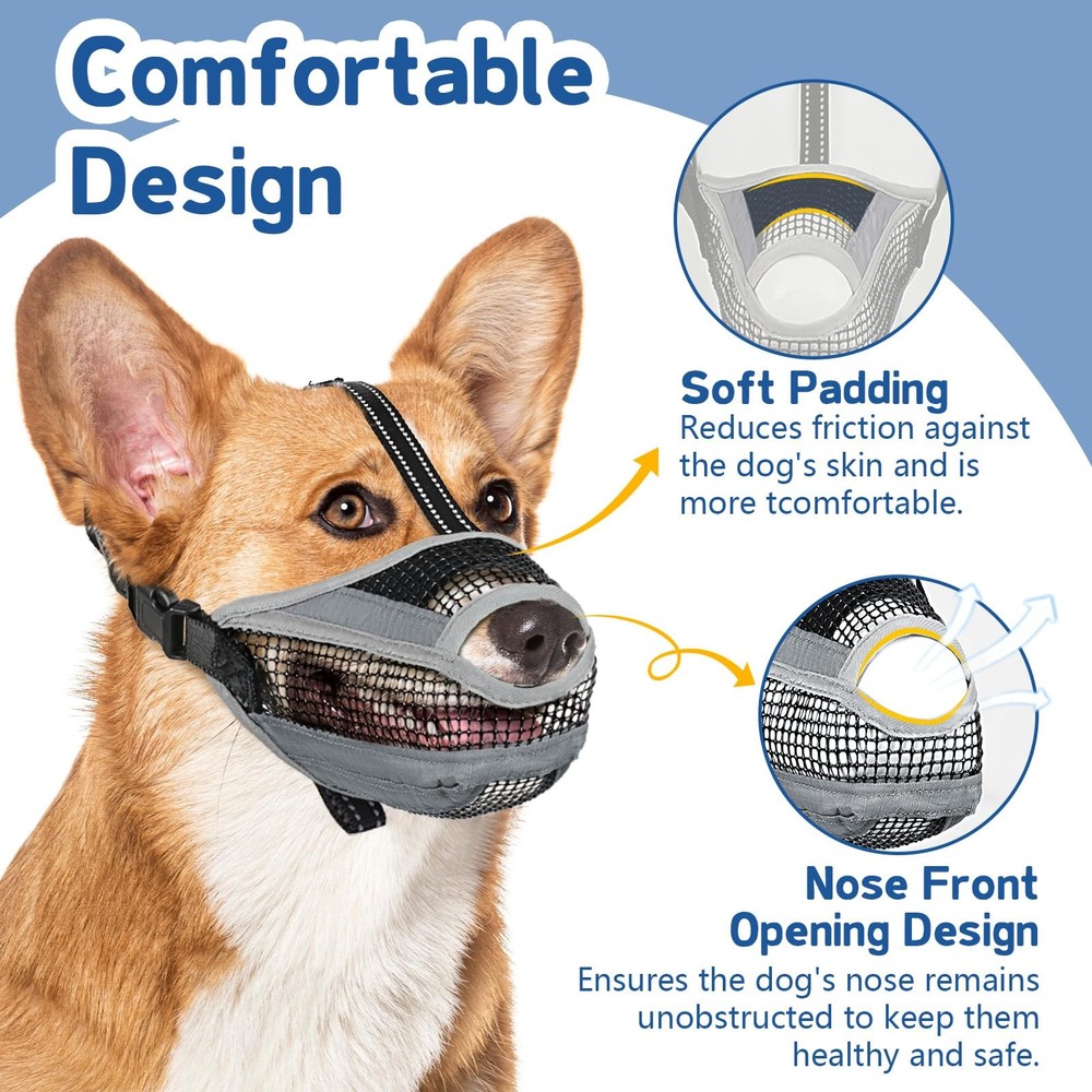 Soft Mesh Dog Muzzle with Reflective Adjustable Strap, Lightweight Muzzle for...