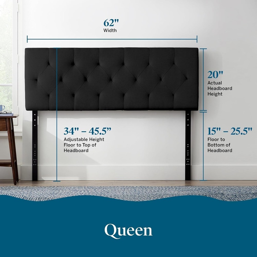Mid-Rise Upholstered Headboard - Diamond Tufted - Padded Polyester - Adjustab...