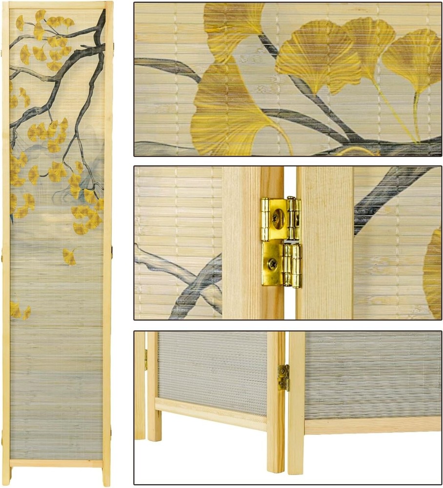 Freestanding 6 Panel Bamboo Room Divider, Artwork Partition Folding Screen