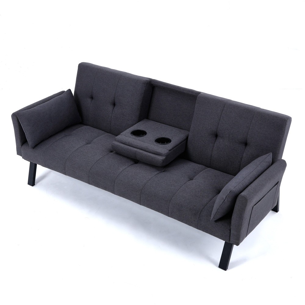 70-inch Multi-functional Cotton and Linen Sofa Bed, Foldable Side Storage