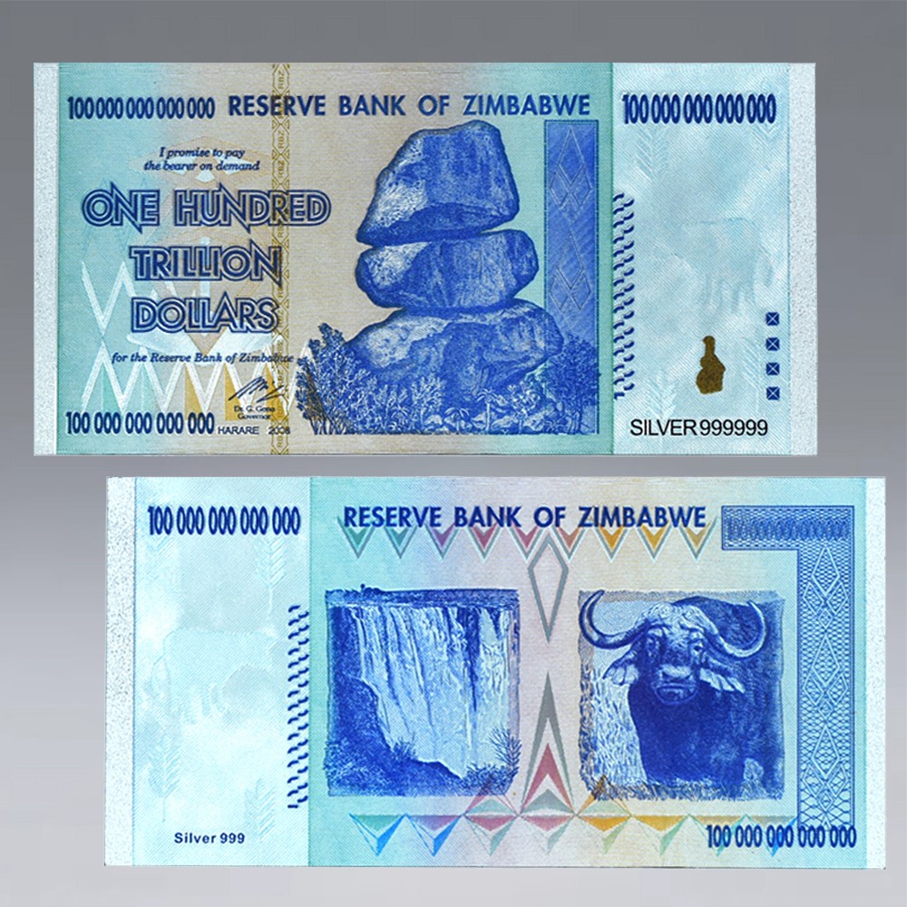 100PCS/box Zimbabwe 100Trillion Silver Foil Banknotes with Fluorescent Effect