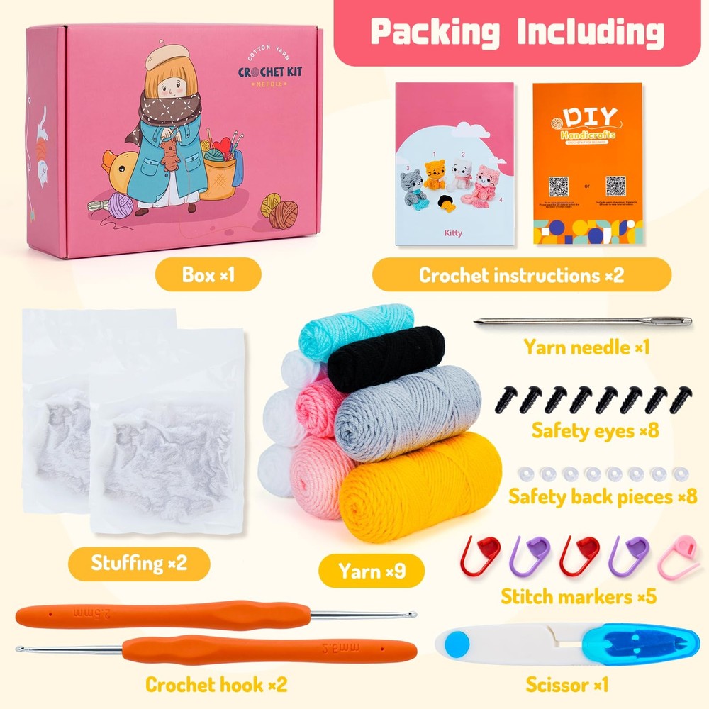Fortuning's JDS Crochet Kit for Beginners - Cat Small, Orange