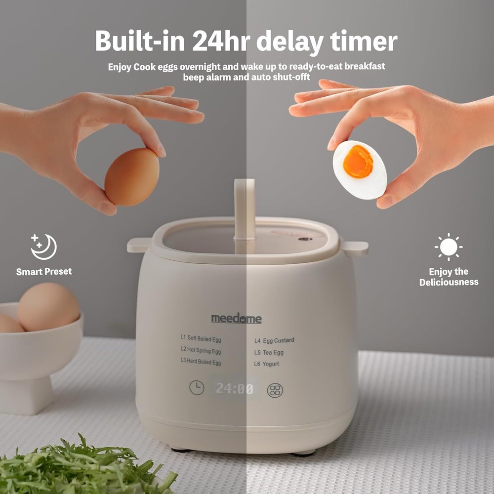 Electric egg cooker with automatic shut-off function for soft/hard boiled eggs