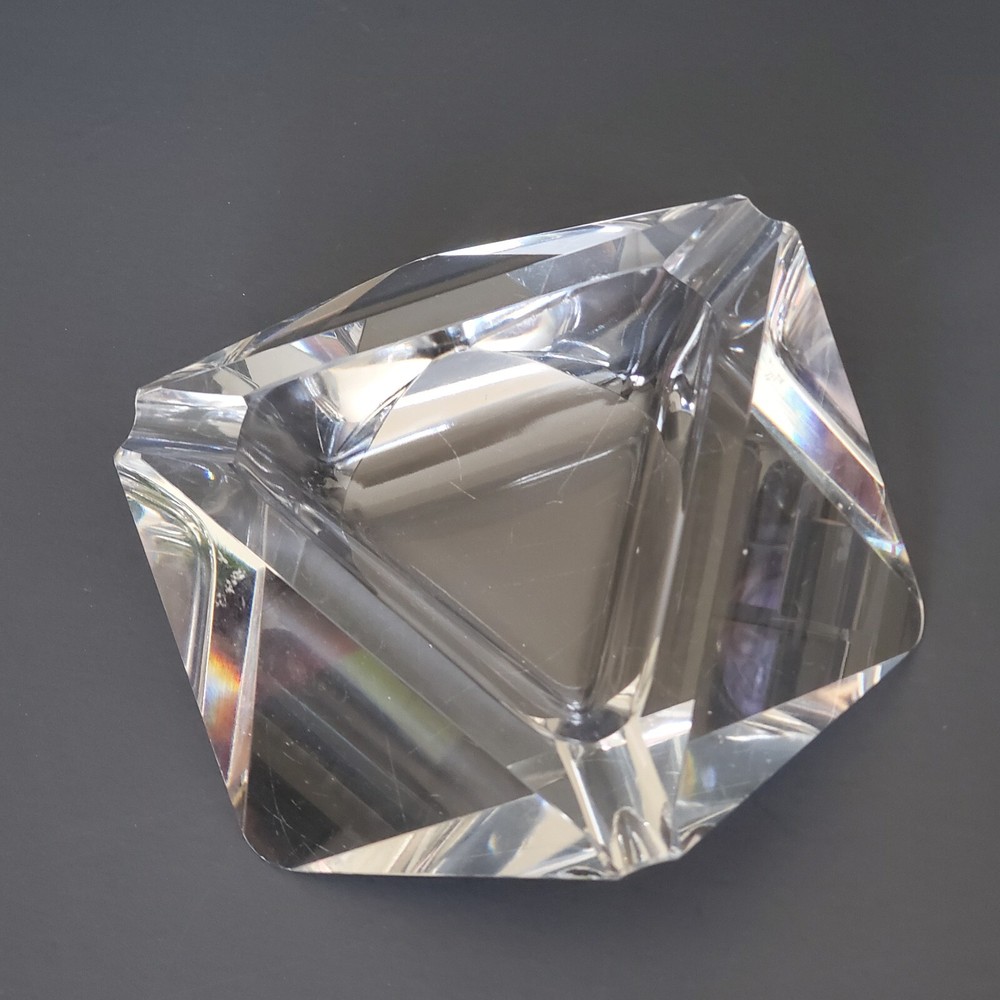 clear glass triangular cigarette ashtray 6" wide 1.5" tall few tiny chips