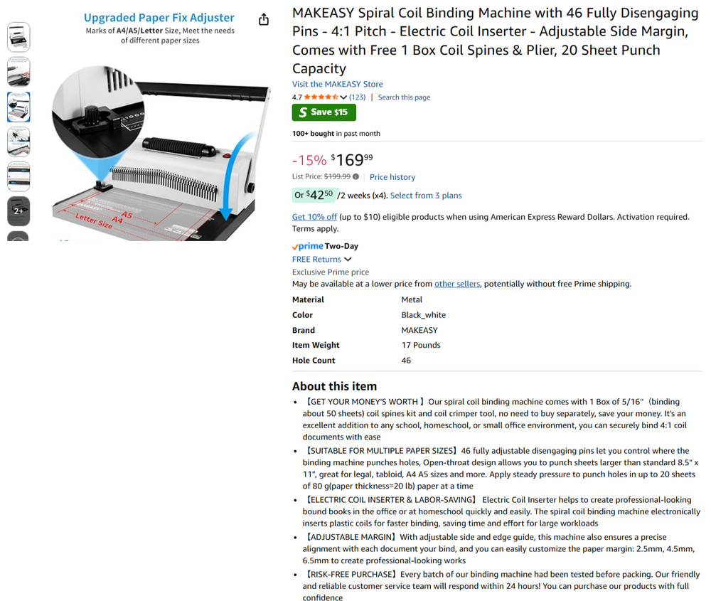 MAKEASY Spiral Coil Binding Machine with 46 Fully Disengaging Pins#3575ER6