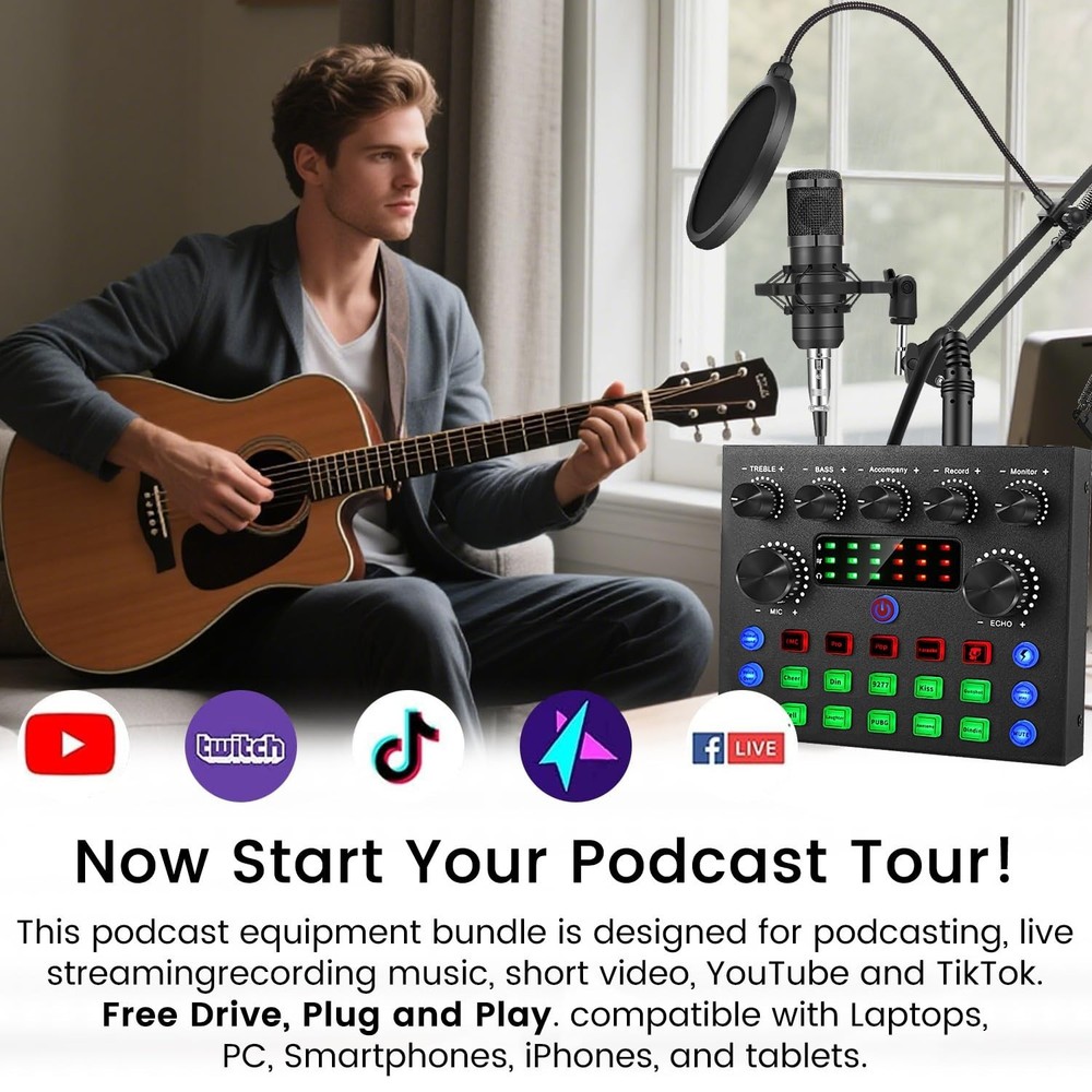 Podcast Equipment Bundle, Recording Studio Package with Podcast Microphone an...