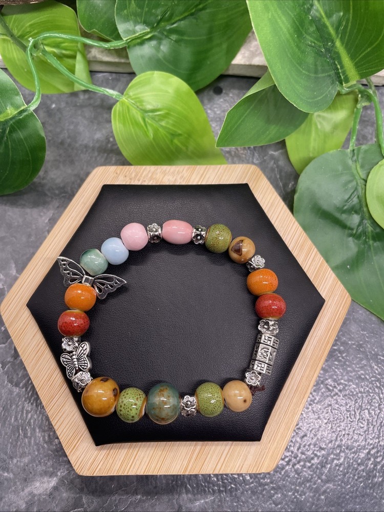 Handmade Ceramic Bead Beaded Stackable 6.25” Plus Stretch Bracelet New B204