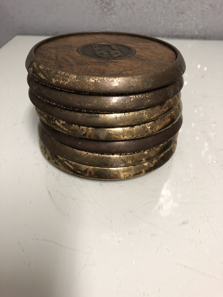 Vintage BTS Solid Brass and Leather 7 pc Coaster Set Eagle Knights logo Mancave