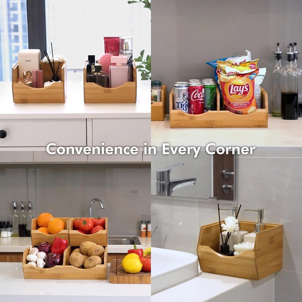 Bamboo Pantry Storage Bins - Stackable Baskets, Potato and Onion Storage